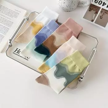 5 пар женских хлопковых носков с художественным лоскутным узором, градиентный цвет Morandi, трикотажные носки One-size