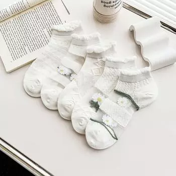 5 пар женских коротких носков, прозрачные носки с кружевом и цветком, хлопковые забавные носки в стиле Лолиты, белые, в Корейском стиле, Харадзюку