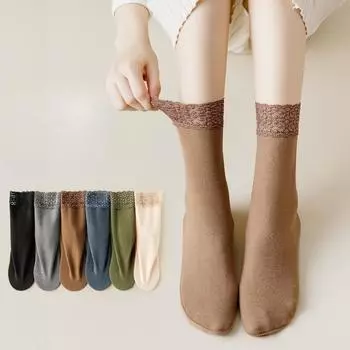 5 пар женских кружевных носков средней длины для весны и осени, теплые, простые, удобные, повседневные, дышащие, устойчивые к холоду, универсальные носки 5 Pairs чёрный