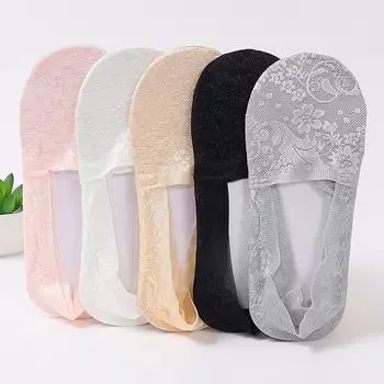 5 пар женских летних кружевных жаккардовых силиконовых нескользящих не оставляющих следов коротких носков-лодочек с глубоким вырезом One Size