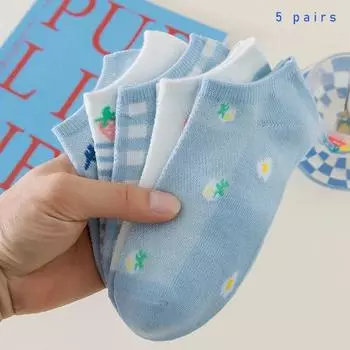 5 пар ЖЕНСКИХ летних тонких носков, милые, симпатичные, дышащие, сетчатые, с узором клубники, с мелкими цветочными фрагментами Single code