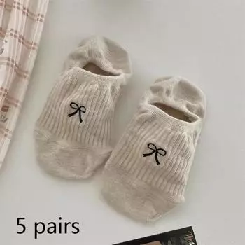 5 пар женских модных невидимых носков с милым бантом из сетки, не показывающие носки, женские дизайнерские нескользящие дышащие низкие носки, тапочки 5 PAIRS бежевый