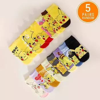 5 пар женских модных носков Four Seasons с рисунком из мультфильма и аниме Pokmon Versatile Sweet and Cute Pikachu Casual Breathable Straight Socks One Size