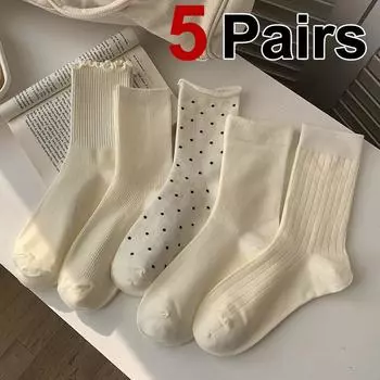 5 пар женских молочно-белых хлопковых носков средней длины в горошек с грибковым краем, впитывающих пот, дышащих, мягких, удобных, повседневных носков One Size