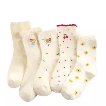 5 пар женских мультяшных носков средней длины Модные Универсальные Милые Плиссированные края Цветочные узоры Мягкие Удобные Повседневные носки One Size