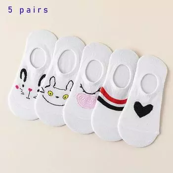 5 пар женских невидимых носков и тапочек, летние носки до щиколотки с хлопковым сердечком, нескользящие, повседневные тонкие дышащие носки-лодочки Single code