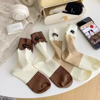 5 пар женских носков для весны и лета, подходящих по цвету, с индивидуальными тканевыми этикетками, деревянными ушками по бокам, трубчатыми носками 5 Pairs чёрный/кремовый
