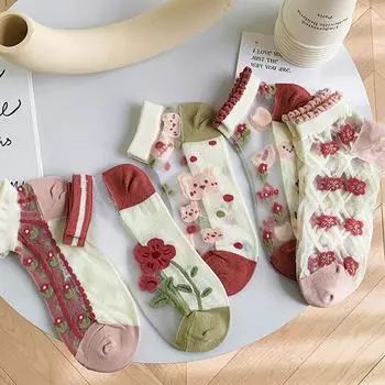 5 пар женских носков Harajuku, летние носки с кружевом и рисунком, повседневные носки, прозрачные эластичные короткие носки для школьниц