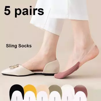5 пар женских носков из ледяного шелка, летние носки-лодочки, нескользящие невидимые носки с неглубоким горлом 5 pairs чёрный