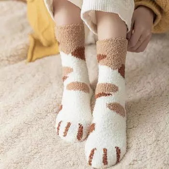 5 пар женских носков из плотного кораллового флиса с рисунком кошачьей лапки, подходящие по цвету, средней длины, эластичные, нескользящие, теплые, для повседневной носки дома