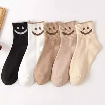 5 пар женских носков из полиэстера Kawaii со смайликом, однотонные, осенне-зимние, забавные, свободные, женские носки