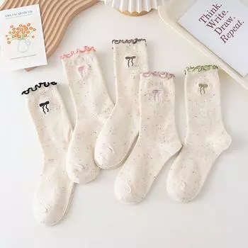 5 пар женских носков из пряжи с острым кончиком длиной до середины голени с деревянными ушками и длинными бантами. Милые женские носки. Длинные носки на все четыре сезона. One Size