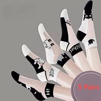 5 пар женских носков с черными и белыми кошками, дышащие, влагоотводящие из стекловолокна, износостойкие и устойчивые к запаху летние носки One Size