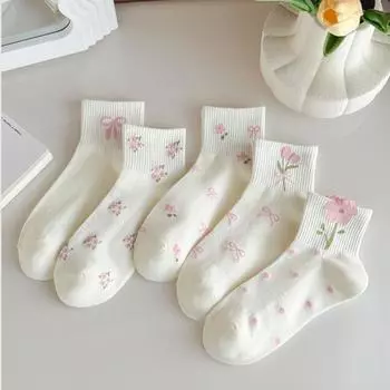 5 пар женских носков с цветами, белые носки Лолиты, милые носки с бантиками для девочек, хлопковые носки Y2k, забавные носки Harajuku One Size