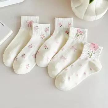 5 пар женских носков с цветами, белые носки Лолиты, милые носки с бантиками для девочек, хлопковые носки Y2k, забавные носки Harajuku One Size белый