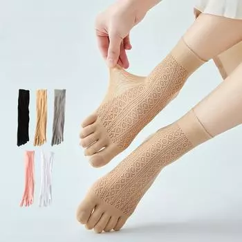 5 пар женских носков с цветочным принтом, дышащие, с оборками, с пятью пальцами, удобные повседневные носки средней длины для женщин с дышащей сеткой 5 Pairs чёрный