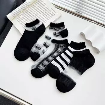 5 пар женских носков с кружевом и милым бантом, черные прозрачные носки в стиле Лолиты, тонкие хлопковые забавные носки для девочек