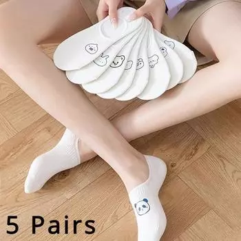 5 пар женских носков с милыми животными, аватарами, невидимыми хлопковыми носками, женские белые носки, коллекция 5 Pairs