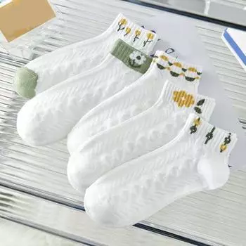 5 пар женских носков с освежающими цветочными принтами, средней длины, мелкого кроя, высокой эластичности, мягкие дышащие, впитывающие пот, противоскользящие повседневные спортивные носки для девочек синий