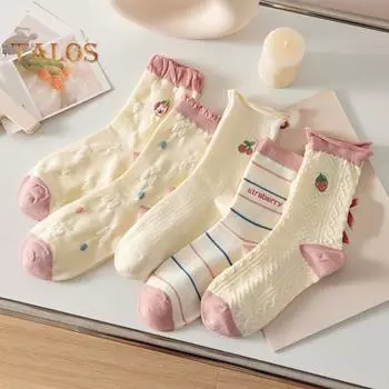 5 пар женских носков с освежающими цветочными принтами, средней длины, мелкого кроя, высокой эластичности, мягкие дышащие, впитывающие пот, противоскользящие повседневные спортивные носки для девочек синий