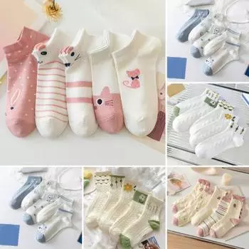 5 пар женских носков с освежающими цветочными принтами, средней длины, мелкого кроя, высокой эластичности, мягкие дышащие, впитывающие пот, противоскользящие повседневные спортивные носки для девочек синий