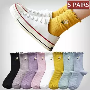 5 пар женских носков с рюшами и оборками, хлопковые носки с цветочной вышивкой, новинка, забавные носки до щиколотки, красочные милые летние зимние однотонные носки для экипажа EU 35-40