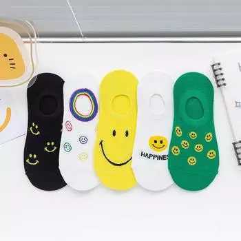 5 пар женских носков с улыбающимся лицом, носки-лодочки из чистого хлопка с неглубоким горлом, Нескользящие невидимые летние тонкие носки