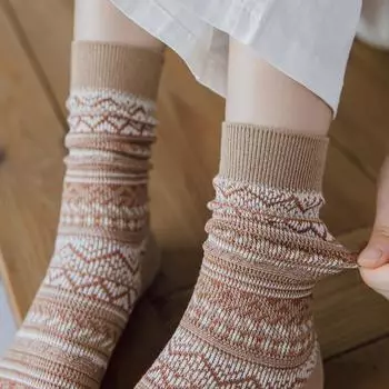5 пар женских носков с ворсом в стиле ретро-фолк на весну и осень 5 Pairs