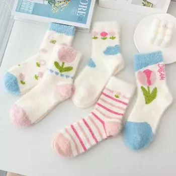 5 пар женских носков, сетчатые красные осенние носки, прозрачные женские носки до середины икры с бархатными цветами, носки Premium Feeling