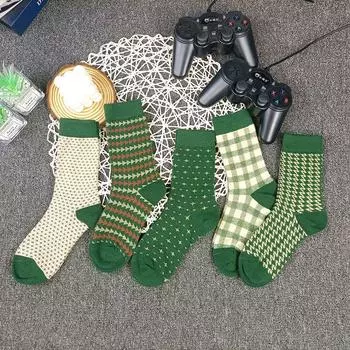 5 пар женских носков средней длины, осенние и зимние, с двойной иглой, модные, универсальные, из чистого хлопка, ретро, милые, зеленые, складывающиеся носки 5 Pairs