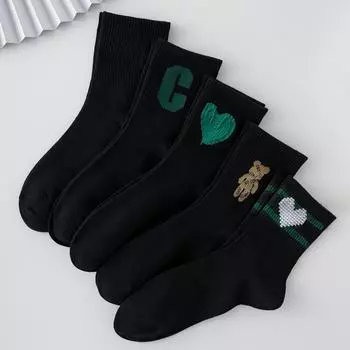 5 пар женских носков средней длины с милыми узорами черного цвета - Удобные, дышащие и влагоотводящие для повседневной носки 36-39