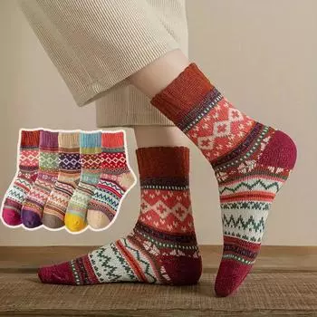 5 пар женских носков средней длины с геометрическим узором, классические ретро-цветные блоки, удобные мягкие повседневные носки на осень-зиму One Size