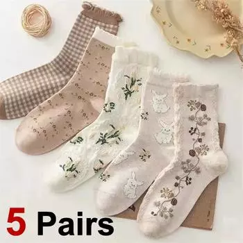 5 пар женских носков средней длины с мультяшным принтом, с ретро-цветочными узорами и животными, удобные, впитывающие пот, дышащие, повседневные носки One Size