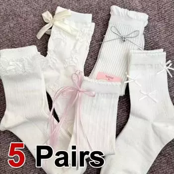 5 пар женских носков средней длины с цветочным узором и бантом, весна-лето, дышащие, модные, JK Lolita Girl, милые, стильные, повседневные носки One Size