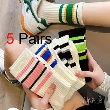 5 пар женских полосатых носков, милые простые красочные полосатые короткие носки в стиле Харадзюку, модные весенне-осенние женские носки средней длины One Size