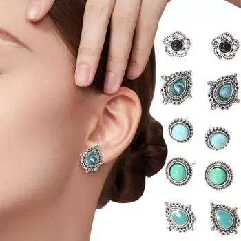 5 пар женских полых гладких антиаллергенных украшений для ушей в стиле ретро в этническом стиле, искусственная бирюза, в богемном стиле