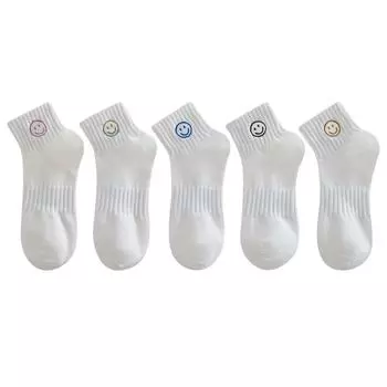 5 пар женских простых носков до щиколотки в стиле Инс с белым смайликом One Size