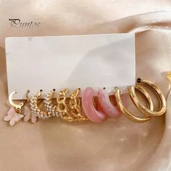 5 пар женских сережек для пирсинга, привлекательные износостойкие геометрические нежные подвески, декоративные антикоррозийные серьги-кольца-бабочки, круглые серьги, ювелирные изделия розовый