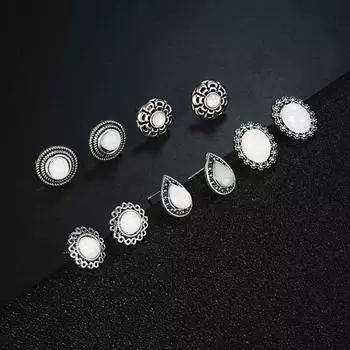 5 пар женских сережек-гвоздиков с инкрустацией из кубического циркония, цветочные капли, круглые серебряный