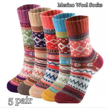 5 пар женских шерстяных носков, винтажные мягкие теплые носки для дома, толстые вязаные уютные зимние носки для женщин, подарки розовый/фиолетовый