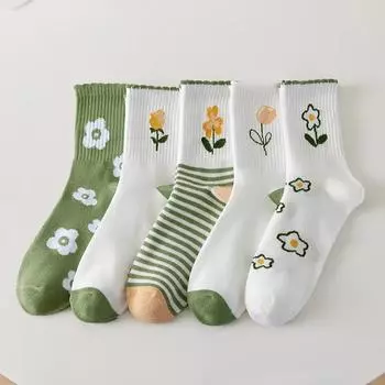 5 пар женских вязаных носков с рюшами и цветочным узором салата