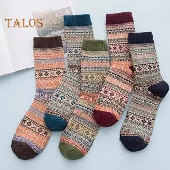 5 пар женских зимних носков в этническом стиле с принтом, толстые, теплые, нескользящие, средней длины, высокоэластичные, контрастные цвета, носки для дома и улицы One Size Sets
