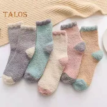 5 пар зимних носков из толстой микрофибры, разноцветные, средней длины, размер 6-10, противоскользящие, высокоэластичные, сохраняющие тепло, пушистые носки для сна разноцветный