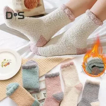 5 пар зимних носков из толстой микрофибры, разноцветные, средней длины, размер 6-10, противоскользящие, высокоэластичные, сохраняющие тепло, пушистые носки для сна разноцветный
