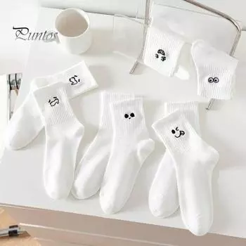 5 пар зимних носков унисекс с вышитым рисунком в виде мультяшного личика, средней длины, с высокой эластичностью, нескользящие, удобные, теплые, спальные носки белый