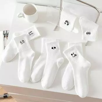 5 пар зимних носков унисекс с вышитым рисунком в виде мультяшного личика, средней длины, с высокой эластичностью, нескользящие, удобные, теплые, спальные носки белый