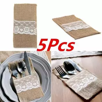 5 Pcs Burlap Lace Cutlery Pouch Wedding Tableware Party Decoration Holder Bag Hessian Rustic Jute 11cm X 21cm 3pcs