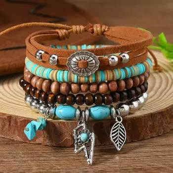 5-Piece set of new wood bead beaded soft pottery turquoise, velvet men s and women s bracelets, suitable for daily wear by men and women разноцветный