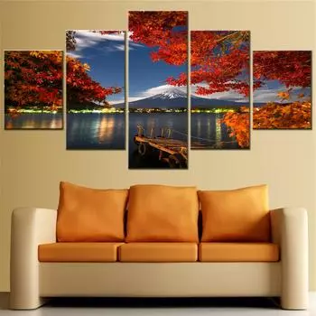 5 Pieces Canvas Painting Fuji Mountain Lake Flowers Poster on the Wall Decoration Modern Home Decor Picture No Frame 20x35cm*2 20x45cm*2 20x55cm*1 No Frame