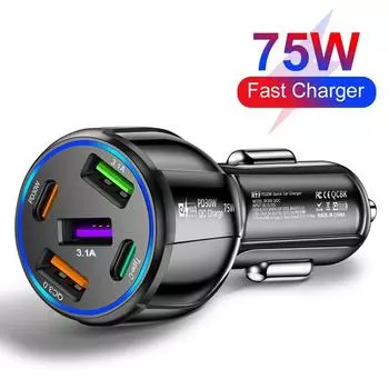 5 Port USB Type C Car Charger 75W PD Phone Charger Quick Charge 3.0 Fast Charging Power Adapter For iPhone Samsung Xiaomi Huawei чёрный